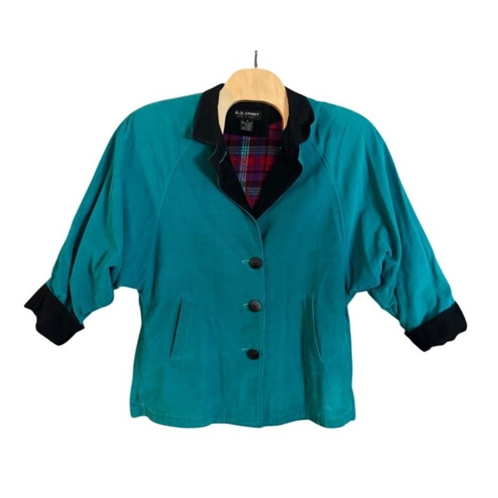 Vintage E.Z. Spirit Teal Corduroy Plaid Lined Jacket Womens Medium Boxy 80s 90s